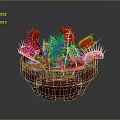 Venus flytrap plant in red pot with green leaves yellow spines and red interior against dark background