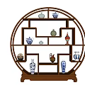 Round Wooden Chinese Display Shelf With Ceramic Vases And Decorative Porcelain Items