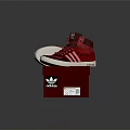 Adidas Red High Top Shoes with Red Laces on Red Shoe Box with Black Stripes
