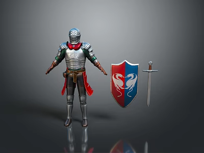 Medieval Armored Figure With Silver Armor Red Accents Shield And Sword 3d model