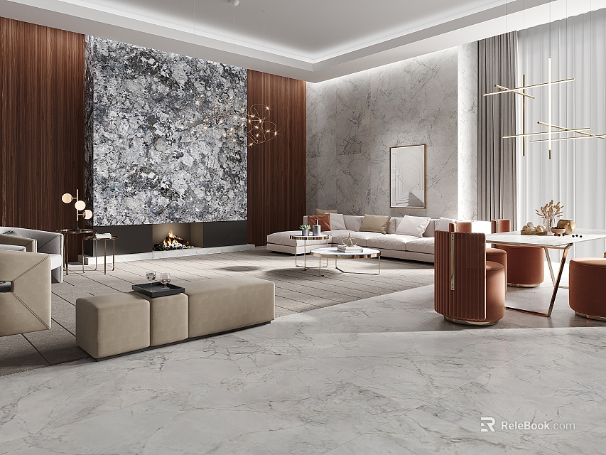 Modern Living Dining Room Interior With Marble Wall Wooden Decor Beige Sofa Brown Chairs Chandelier 3d model 