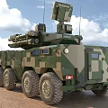 Armored Military Vehicle with Camouflage Paint Multi Wheel Roof Mounted Military Equipment on Desert Terrain