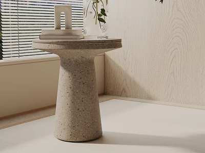 Minimalist Terrazzo Side Table With Cylindrical Base And Decor Items By Window 3d model