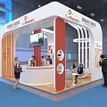 Modern Exhibition Booth With White Orange Structure World Map Display Reception Counter And Screen 3d model