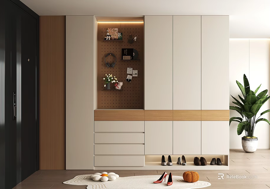 Modern Shoe Cabinet With Open Storage And Wooden Accent For Decorative Items 3d model 
