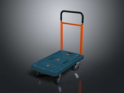 Blue Platform Cart With Orange Frame Black Handle And Four Wheels Design 3d model
