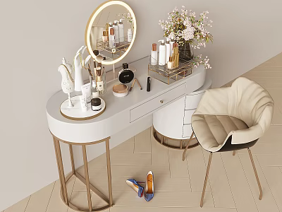 Stylish Modern Dressing Table With Round Mirror Cosmetics Fresh Flowers And Upholstered Chair 3d model