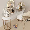 Stylish Modern Dressing Table With Round Mirror Cosmetics Fresh Flowers And Upholstered Chair