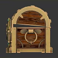 Ornate Wooden Treasure Chest With Golden Accents Glowing Blue Gem And Intricate Patterns