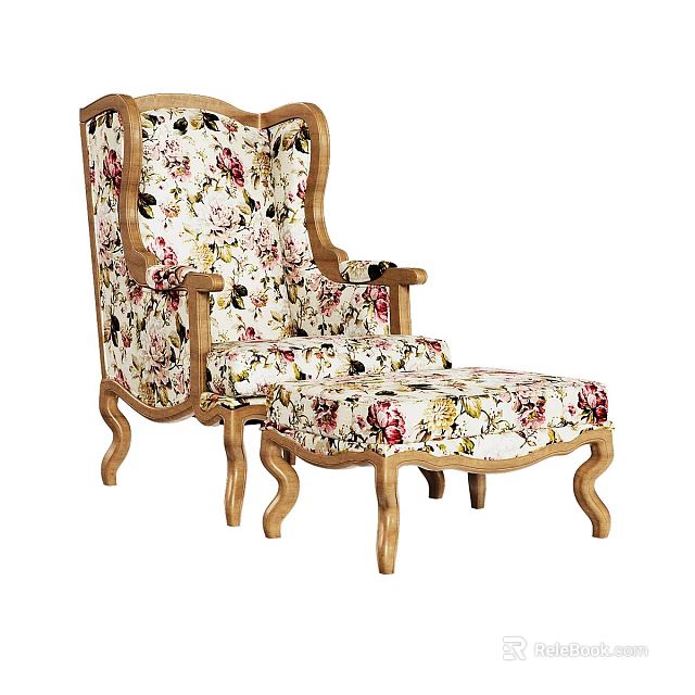 Leisure Sofa Set With Armchair And Ottoman Featuring Floral Fabric And Wooden Frame 3d model 