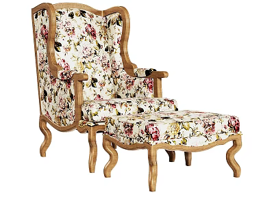 Leisure Sofa Set With Armchair And Ottoman Featuring Floral Fabric And Wooden Frame 3d model