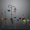 Colorful Electronic Lab Testing Equipment With Metal Stands On Reflective Black Surface