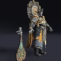 Man In Ornate Gold And Blue Armor With Elaborate Headdress Standing Beside Green Decorative Bottle