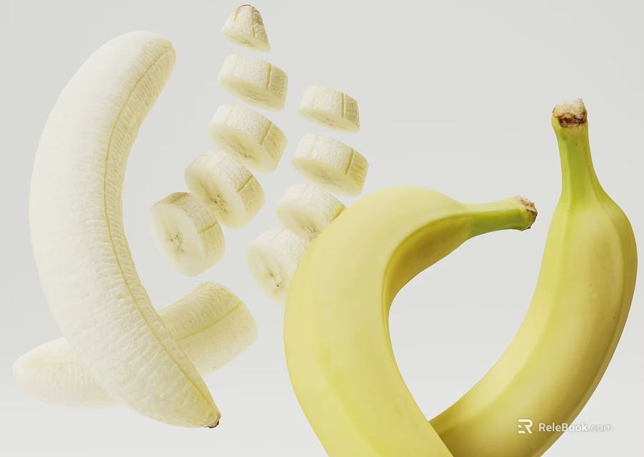 Fresh Ripe Yellow Whole Peeled And Sliced Banana Fruit 3d model 