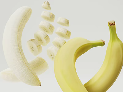 Fresh Ripe Yellow Whole Peeled And Sliced Banana Fruit 3d model