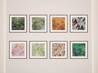 Framed Botanical Plant Paintings With Various Colors Arranged On White Wall 3d model