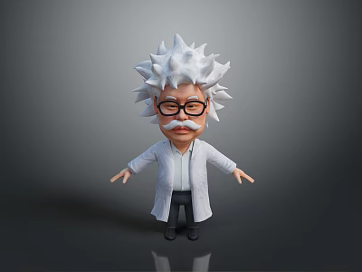 Man In Cartoon Style With White Spiky Hair Glasses Mustache White Lab Coat Arms Outstretched 3d model