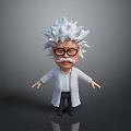 Man In Cartoon Style With White Spiky Hair Glasses Mustache White Lab Coat Arms Outstretched