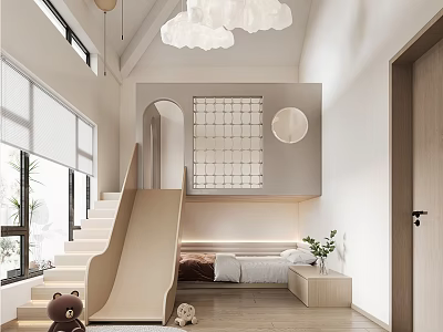 Bright Kids Room Interior With Slide Loft Bed Cloud Chandeliers And Wooden Flooring 3d model
