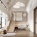 Bright Kids Room Interior With Slide Loft Bed Cloud Chandeliers And Wooden Flooring
