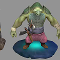 Mythical Green Scaled Creature Character With Textured Skin And Holding Knife Bandages