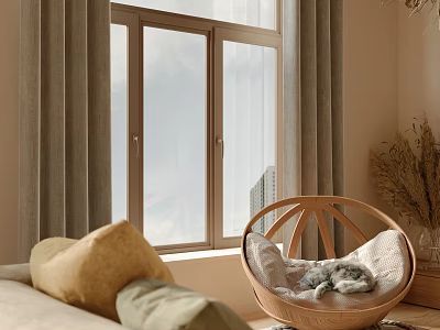 Cozy Living Room Interior With Window Curtains Sofa Chair And Pillows 3d model