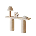 Beige Console Table With Cylindrical Pillars Table Lamp Geometric Decor And Books
