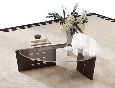 Modern Glass Top Coffee Table With White Flowers Books And Candle Holders On Carpet 3d model