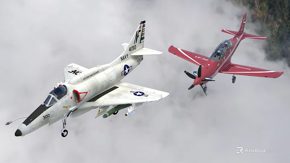 White US Navy Fighter Jet Flying With Red Propeller Plane In Cloudy Sky 3d model 