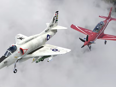 White US Navy Fighter Jet Flying With Red Propeller Plane In Cloudy Sky 3d model