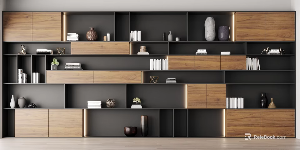 Elegant Modern Bookcase With Wooden Dark Finishes Multiple Shelves Books And Decorative Items 3d model 