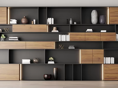 Elegant Modern Bookcase With Wooden Dark Finishes Multiple Shelves Books And Decorative Items 3d model