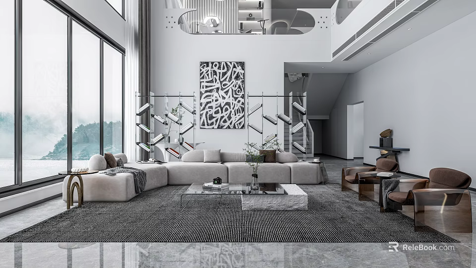 Modern Duplex Living Room Interior With Large Windows Sofa And Decorative Wall Art 3d model