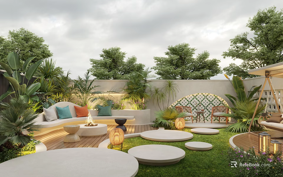 Lush Courtyard Garden With Greenery Lawn Seating Round Cushions Lanterns And Wooden Deck 3d model 