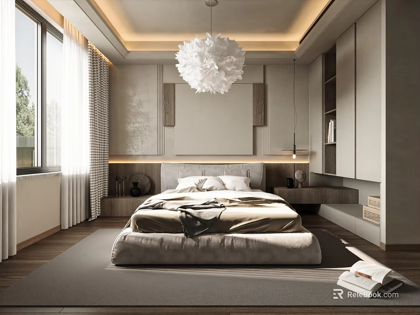 Modern Bedroom Interior With Large Bed Pendant Light Window Curtains And Storage Cabinets 3d model 