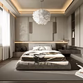 Modern Bedroom Interior With Large Bed Pendant Light Window Curtains And Storage Cabinets