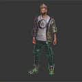 Masked Character With Purple Hair In Green Jacket And White T-Shirt Featuring Mythical Creature Design
