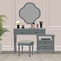 Light Gray Dressing Table With Oval Mirror Chandelier Makeup Items Stool And Pink Wall Paneling 3d model