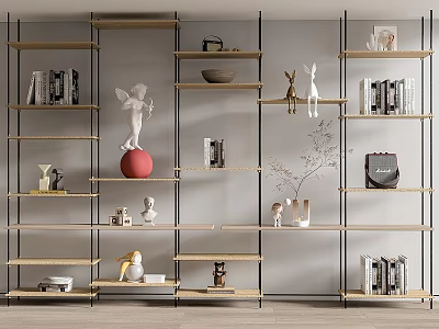 Modern Minimalist Shelving Unit With Wood And Metal Tiers Displaying Books Figurines And Decorative Accents 3d model