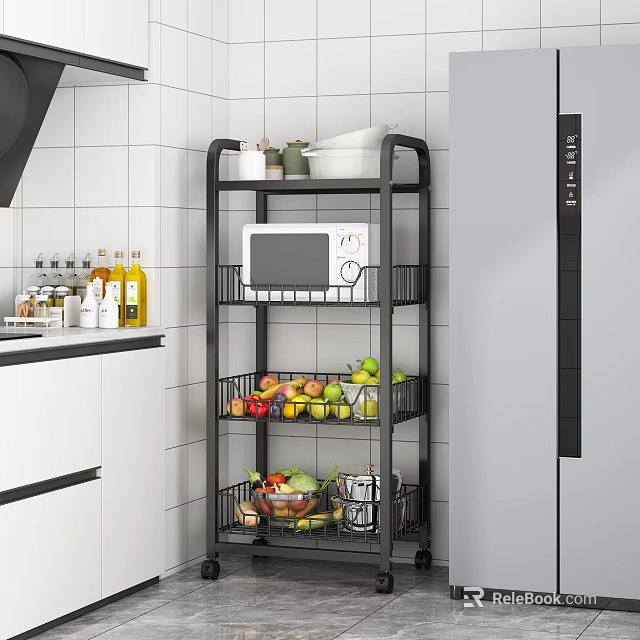 Modern Kitchen Black Metal Multi Tiered Wire Storage Rack With Microwave And Fruit Baskets 3d model 