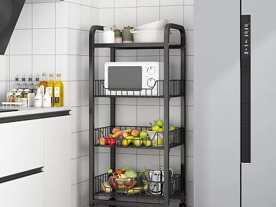 Modern Kitchen Black Metal Multi Tiered Wire Storage Rack With Microwave And Fruit Baskets 3d model