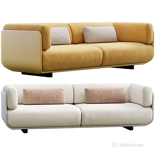 Yellow and Cream Colored Two Seater Sofa with Light Gray and Brown Cushions 3d model 