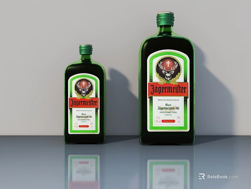 Jägermeister Green Glass Bottles With Labels In Different Sizes On Smooth Surface 3d model 