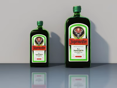 Jägermeister Green Glass Bottles With Labels In Different Sizes On Smooth Surface 3d model