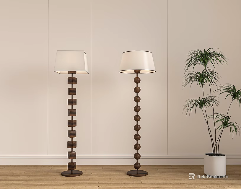 Floor Lamps with Square Round Bead Column Design White Shades Wooden Floor and Potted Plant 3d model 