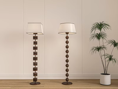 Floor Lamps with Square Round Bead Column Design White Shades Wooden Floor and Potted Plant 3d model