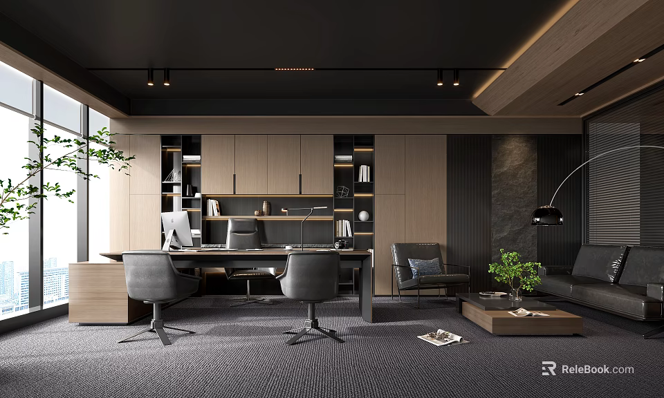 Modern Office Interior Design With Wooden Desk Chair Sofa And Green Plant 3d model 