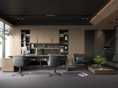 Modern Office Interior Design With Wooden Desk Chair Sofa And Green Plant 3d model