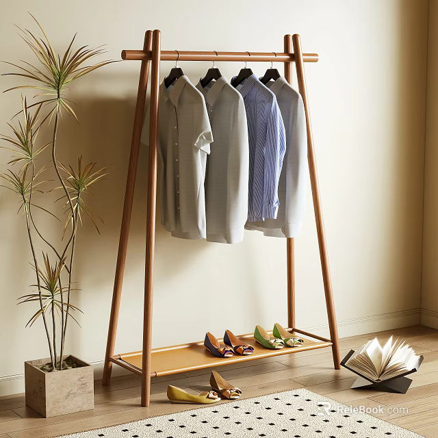 Wooden Clothes Rack With Hanging Shirts Shelf For Shoes Potted Plant And Open Book In Home 3d model 