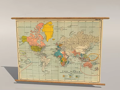 Vintage World Map Wall Decor With Wooden Frame And Colorful Regions 3d model